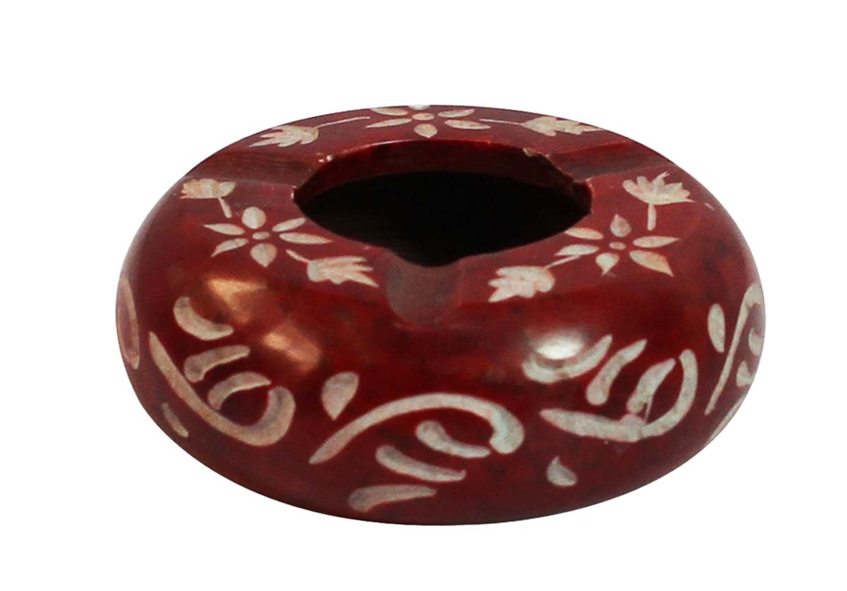 Bulk Wholesale Ashtray in Soapstone 4” Handmade Round-Shaped Red Color - Decorated with Floral Patterns in White Color - Table-Top Accessories