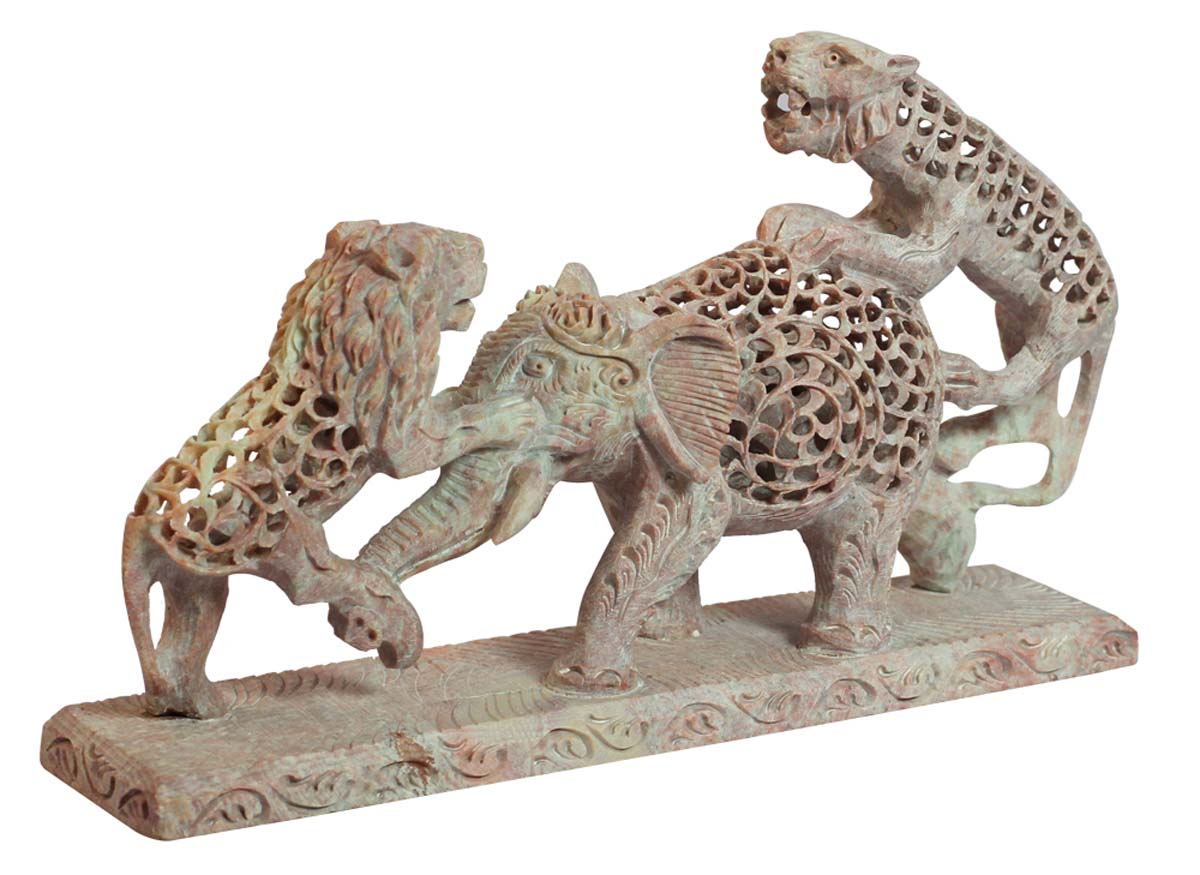 Wholesale Lion & Elephant Figurine - Bulk Buy 6.7” Hand Carved Soapstone ‘2 Lions Attacking Elephant’ Statue - Unique Open-Work Art - Animal Decor Sculpture - Home & Office Decor Gifts from India