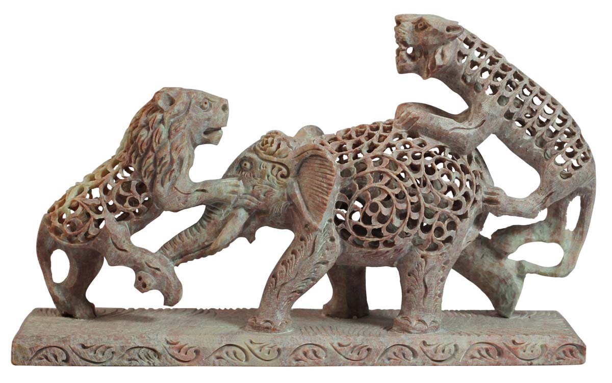 Wholesale Lion & Elephant Figurine - Bulk Buy 6.7” Hand Carved Soapstone ‘2 Lions Attacking Elephant’ Statue - Unique Open-Work Art - Animal Decor Sculpture - Home & Office Decor Gifts from India
