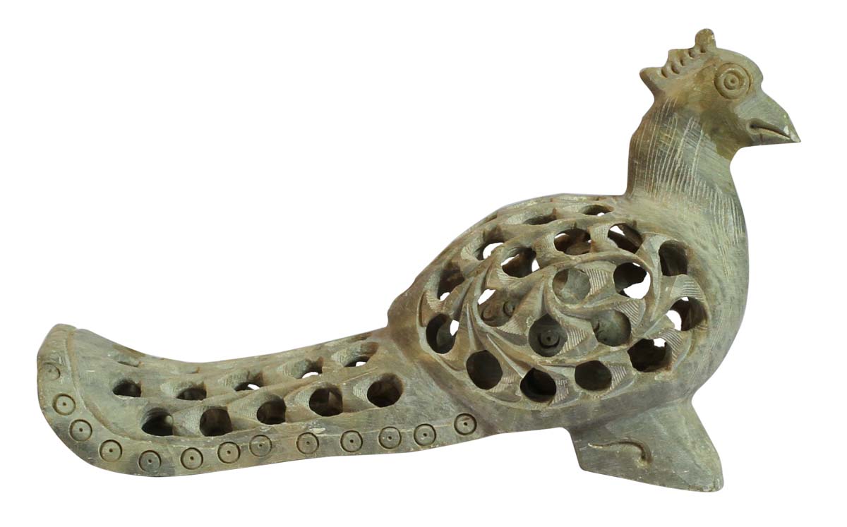 Wholesale Peacock Figurine/Sculpture - Bulk Buy 7.2” Hand Carved Soapstone Statue of Mother and Baby Peacock - Unique Open-Work Art - Bird & Animal Decor Sculpture - Baby Shower Gifts from India