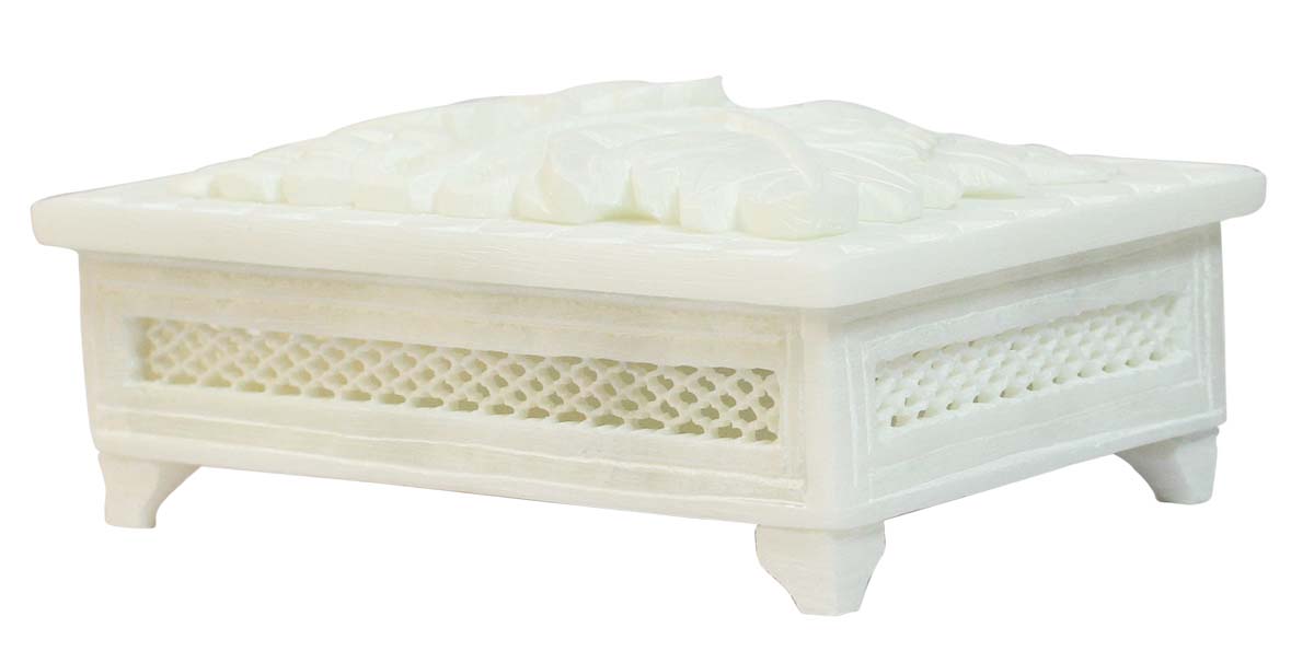 Wholesale 4.4x3.4” Jewelry Box in Bulk - Handmade Jewelry Box/Trinket Box/Storage Box in White Designed with Leafy Pattern Carved on the Lid - Decorative Handmade Boxes from India