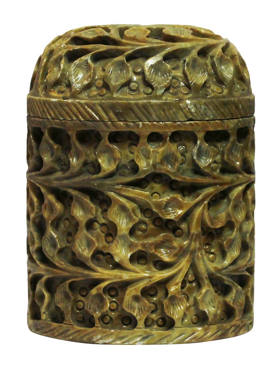 Wholesale 4” Soapstone Jewelry Box in Bulk - Hand-Carved Cylinder-Shaped Jewelry Box/Trinket Box in Shades of Green & Brown - Designed with Leafy Patterns - Decorative Boxes from India