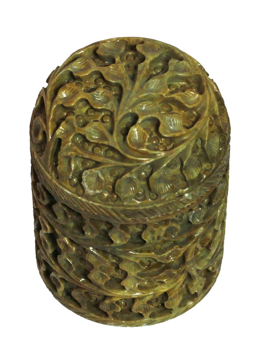 Wholesale 4” Soapstone Jewelry Box in Bulk - Hand-Carved Cylinder-Shaped Jewelry Box/Trinket Box in Shades of Green & Brown - Designed with Leafy Patterns - Decorative Boxes from India