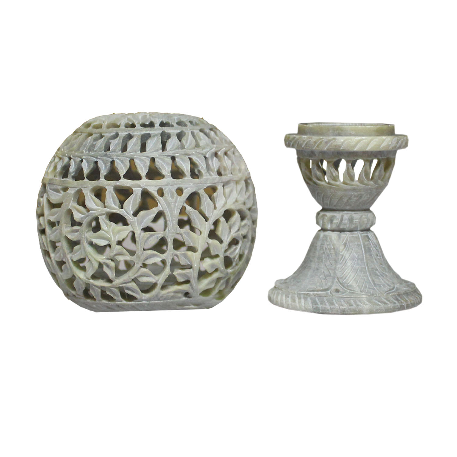 Bulk Wholesale 5.5” Handmade Table Lamp in Soapstone – Designed with Leafy Patterns in Jaali Art – Decorative Table-Top Accessories