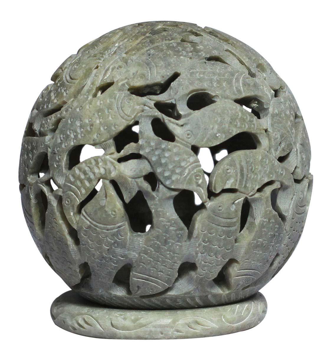 Bulk Wholesale Round-Shaped Tealight Candle Holder / Votive Candle Stand with Fish Motifs – Hand-Carved in Soapstone with Jaali / Openwork Art – Stylish Candle Décor