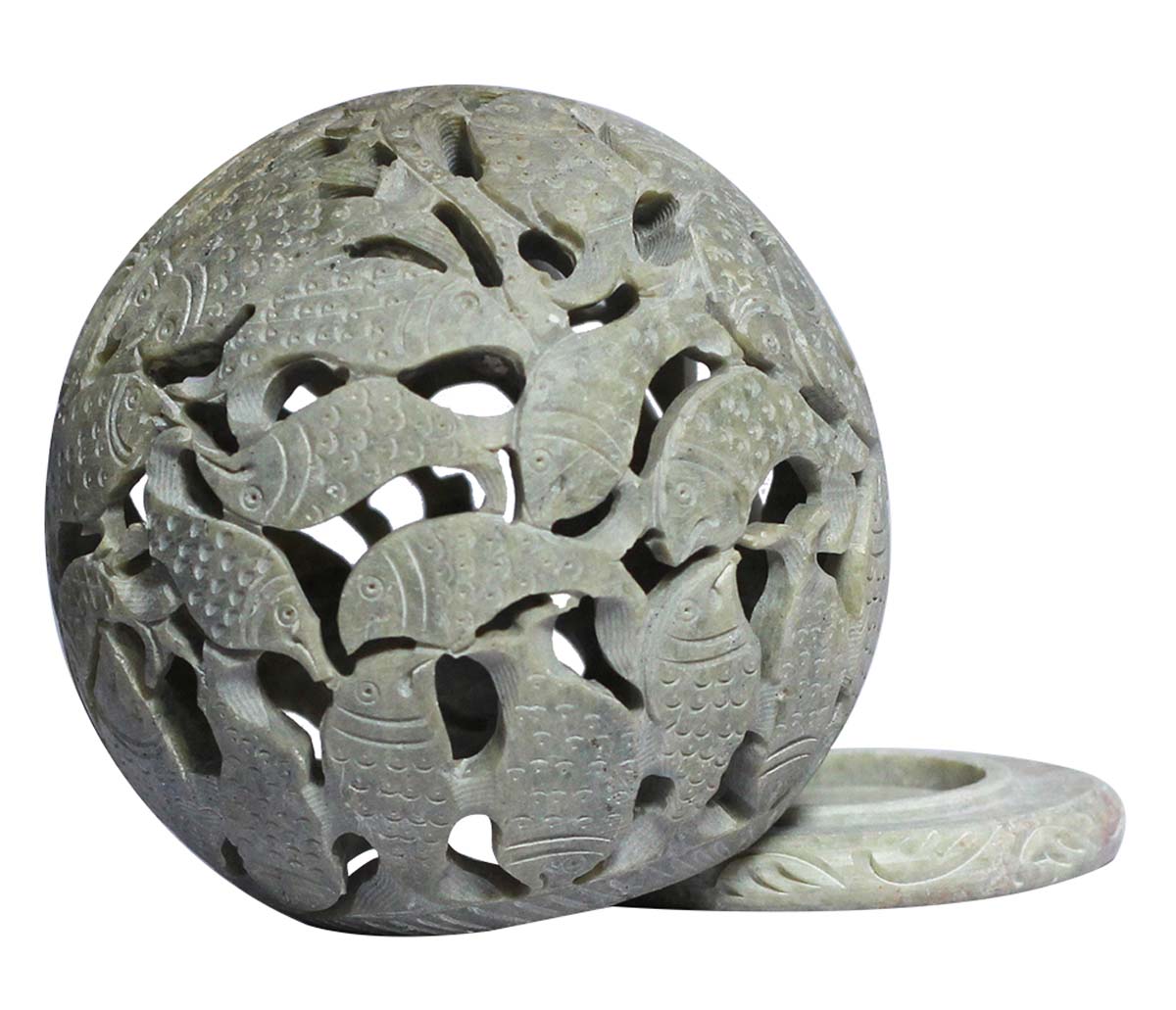 Bulk Wholesale Round-Shaped Tealight Candle Holder / Votive Candle Stand with Fish Motifs – Hand-Carved in Soapstone with Jaali / Openwork Art – Stylish Candle Décor