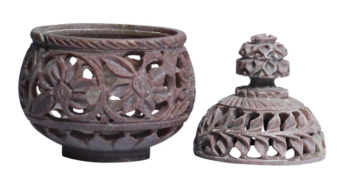 Bulk Buy Soapstone 2.5” Jewelry Box - Wholesale Hand-Carved Pear-Shaped Jewelry Box/Trinket Box Designed with Floral & Leafy Patterns in Jali/Openwork Art from India