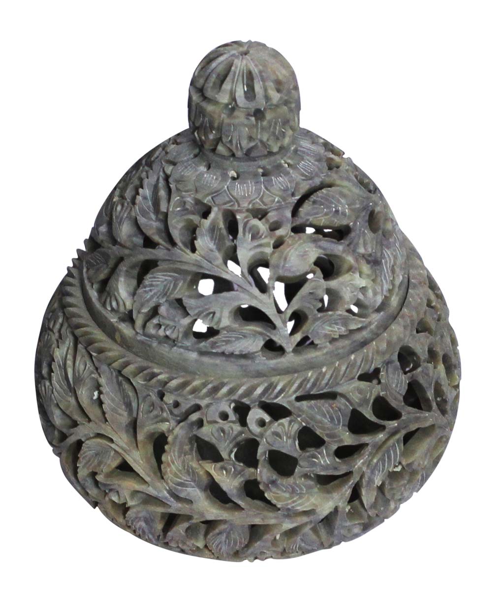 Soapstone 5.5” Jewelry Box in Bulk - Wholesale Hand-Carved Pear-Shaped Jewelry Box/Trinket Box Designed with Floral & Leafy Patterns in Jali/Openwork Art from India