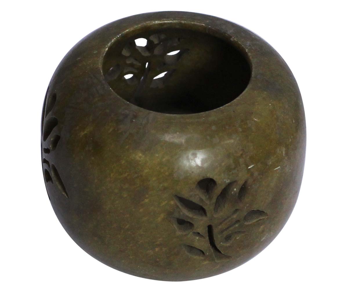 Bulk Wholesale 4” Round-Shaped Tealight Candle Holder / Votive Candle Stand in Green Color – Hand-Carved in Soapstone with Leaf Design Cut-Out – Candle Décor