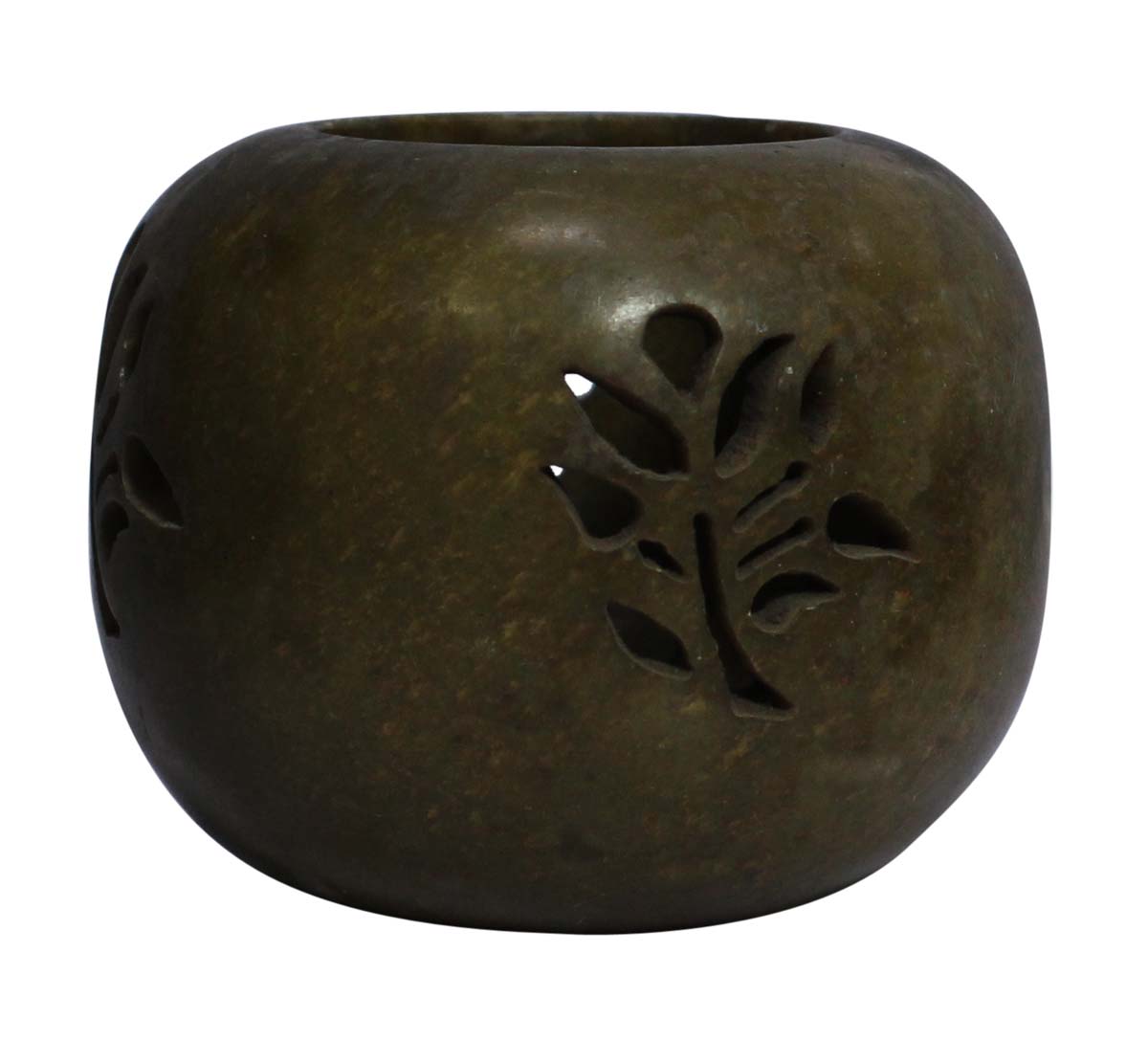 Bulk Wholesale 4” Round-Shaped Tealight Candle Holder / Votive Candle Stand in Green Color – Hand-Carved in Soapstone with Leaf Design Cut-Out – Candle Décor