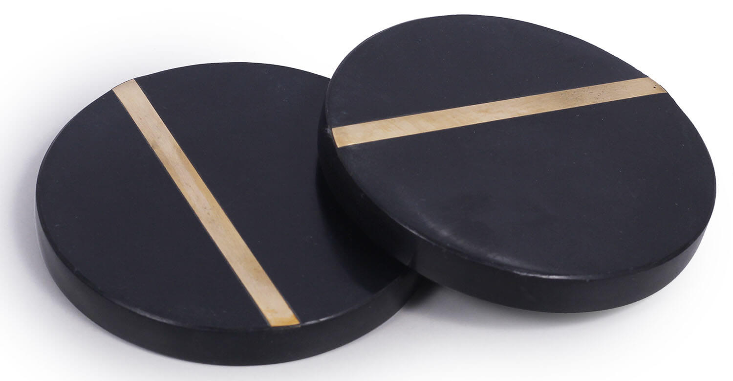 ArtistryBazaar Handmade Set of 4 Round Beverage Coasters – 4" Black Marble With Golden Tone Brass Inlay Drink Coasters - Heavy Duty Bar / Dining / Table Top / Coffee Table Accessories & Kitchen Essentials