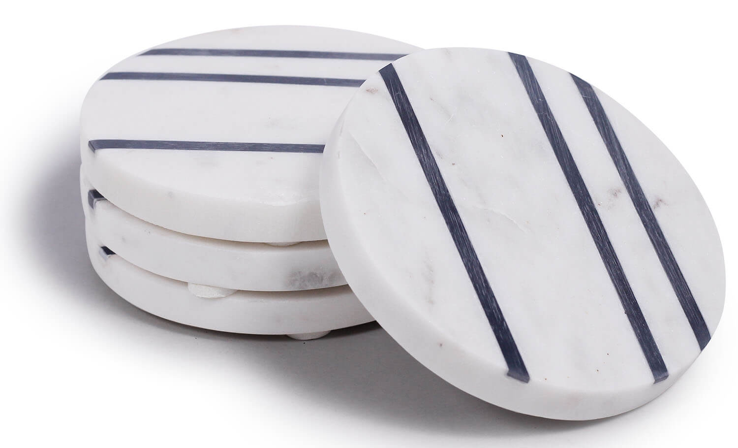 ArtistryBazaar Handmade Set of 4 Round Beverage Coasters – 4" White with Brass Inlay Stripes Marble Drink Coasters - Heavy Duty Bar / Dining / Tabletop / Coffee Table Accessories & Kitchen Essentials