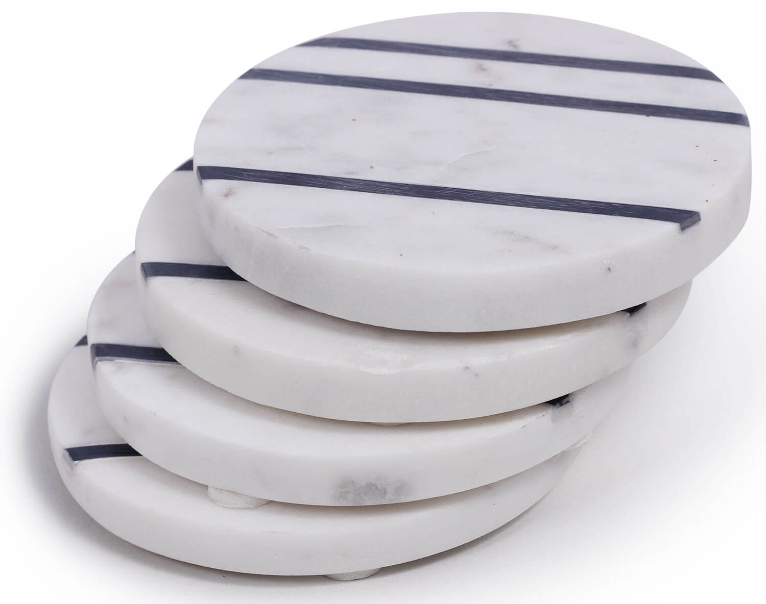 ArtistryBazaar Handmade Set of 4 Round Beverage Coasters – 4" White with Brass Inlay Stripes Marble Drink Coasters - Heavy Duty Bar / Dining / Tabletop / Coffee Table Accessories & Kitchen Essentials