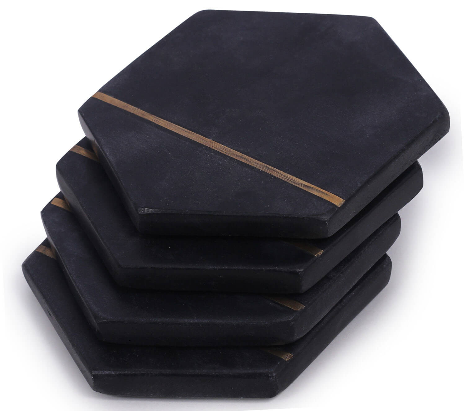 ArtistryBazaar Handmade Set of 4 Beverage Coasters – Hexagonal Chic Black Marble With Golden Tone Brass Inlay Drink Coasters - Heavy Duty Bar / Dining / Tabletop / Coffee Table Accessories & Kitchen Essentials