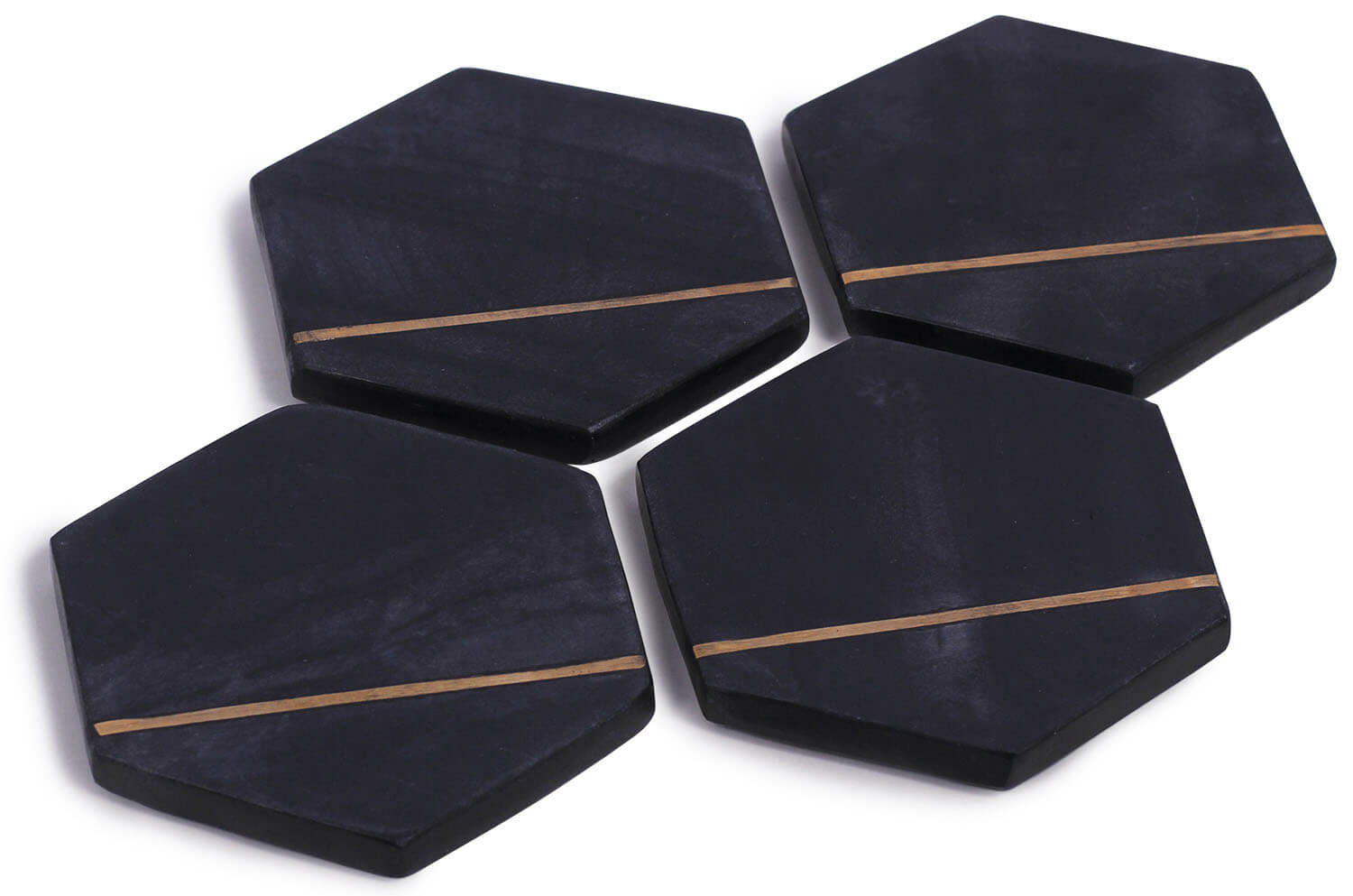 ArtistryBazaar Handmade Set of 4 Beverage Coasters – Hexagonal Chic Black Marble With Golden Tone Brass Inlay Drink Coasters - Heavy Duty Bar / Dining / Tabletop / Coffee Table Accessories & Kitchen Essentials