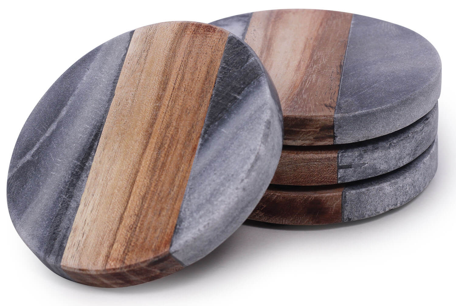 ArtistryBazaar Handmade Set of 4 Round Beverage Coasters – 4" Grey Marble & Brown Wood Drink Coasters - Heavy Duty Bar / Dining / Tabletop / Coffee Table Accessories & Kitchen Essentials