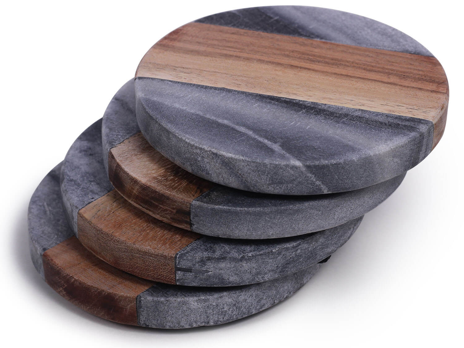 ArtistryBazaar Handmade Set of 4 Round Beverage Coasters – 4" Grey Marble & Brown Wood Drink Coasters - Heavy Duty Bar / Dining / Tabletop / Coffee Table Accessories & Kitchen Essentials