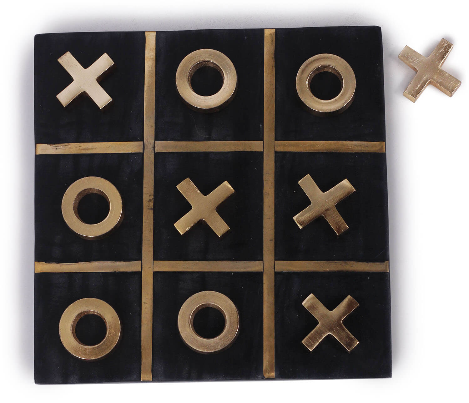 ArtistryBazaar Handmade 8” L X 8” W X 0.5”H Square Tic Tac Toe Game – Black Marble Board With Golden Tone Aluminium Inlay – 5 X & 5 O Game Pieces – Coffee Table Toys & Games – Fun Gifts