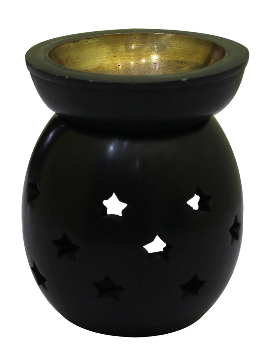 Wholesale 4” Soapstone Essential Oil Diffuser - Bulk Buy Tonal Black Aromatherapy Fragrance Vaporizer With Cut-Work Star Motifs & Brass Receptacle Bowl - Wax Melt/Tart Warmer - Fragrance Accessories