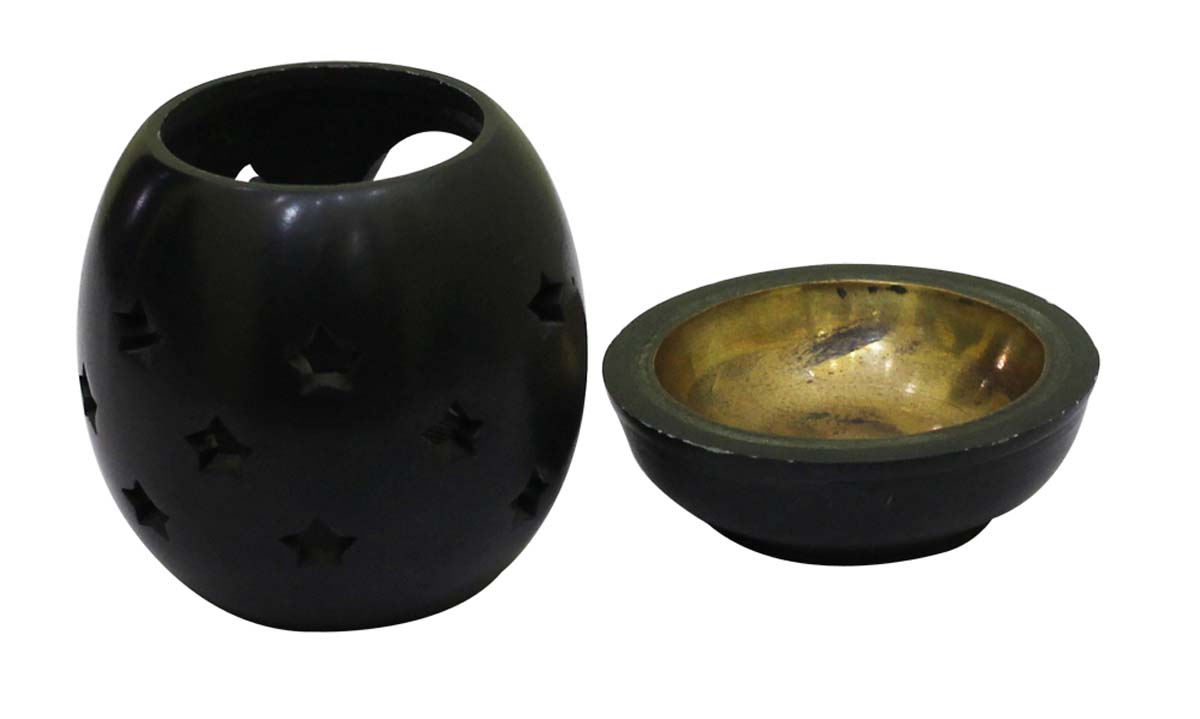 Wholesale 4” Soapstone Essential Oil Diffuser - Bulk Buy Tonal Black Aromatherapy Fragrance Vaporizer With Cut-Work Star Motifs & Brass Receptacle Bowl - Wax Melt/Tart Warmer - Fragrance Accessories