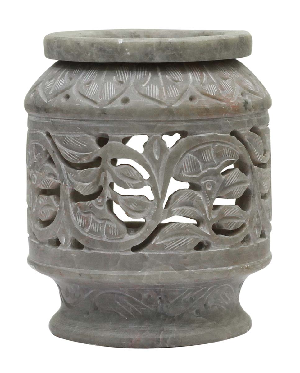 Wholesale Soapstone 4.4” Essential Oil Diffuser - Bulk Buy Soapstone Aromatherapy Wax Melt/Tart Warmer Designed with Leafy Patterns & Cut-Outs - Essential Fragrance Accessories