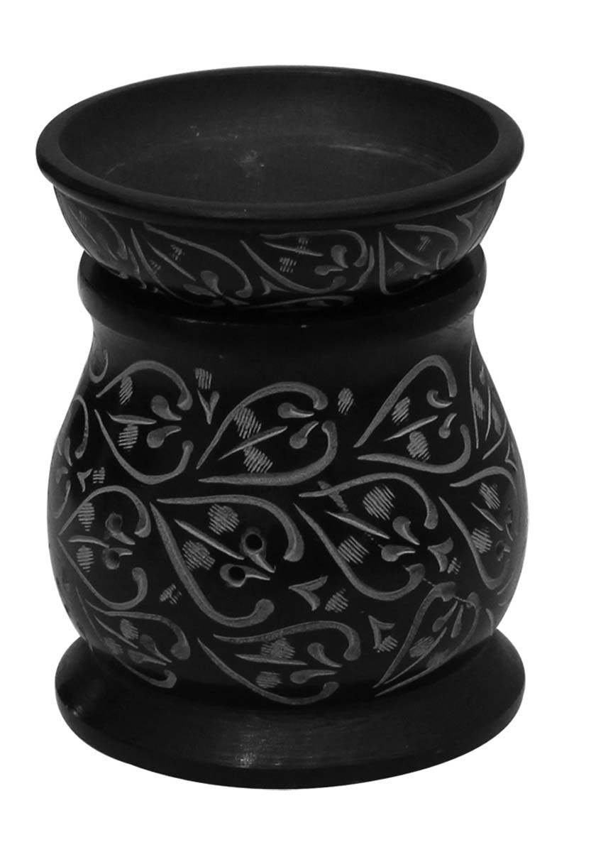 Wholesale Black Paleva Stone 4.5” Essential Oil Diffuser - Bulk Buy Stone Gray-Black Aromatherapy Wax Melt/Tart Warmer with Betel Leaf Patterns - Essential Fragrance Accessories