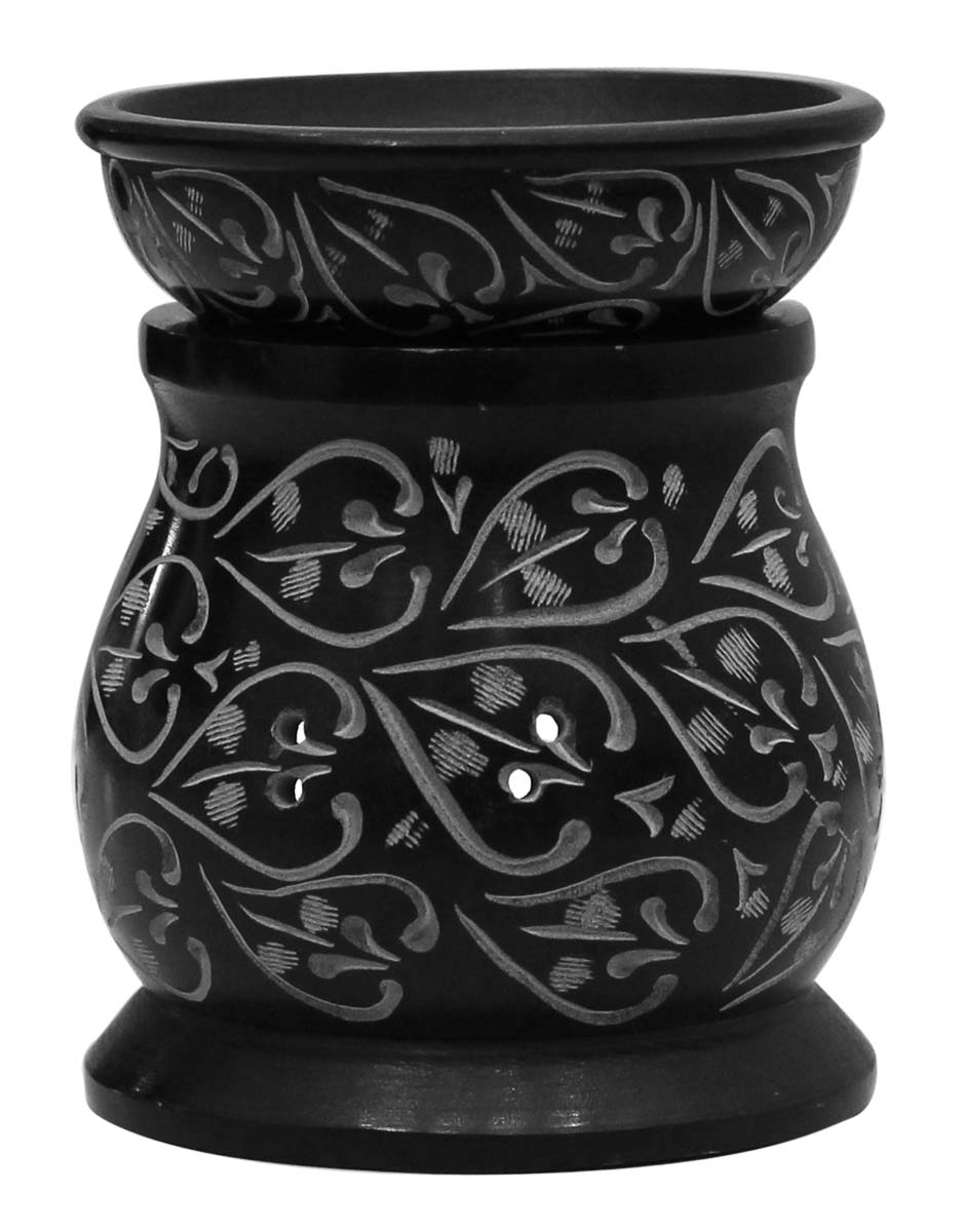 Wholesale Black Paleva Stone 4.5” Essential Oil Diffuser - Bulk Buy Stone Gray-Black Aromatherapy Wax Melt/Tart Warmer with Betel Leaf Patterns - Essential Fragrance Accessories