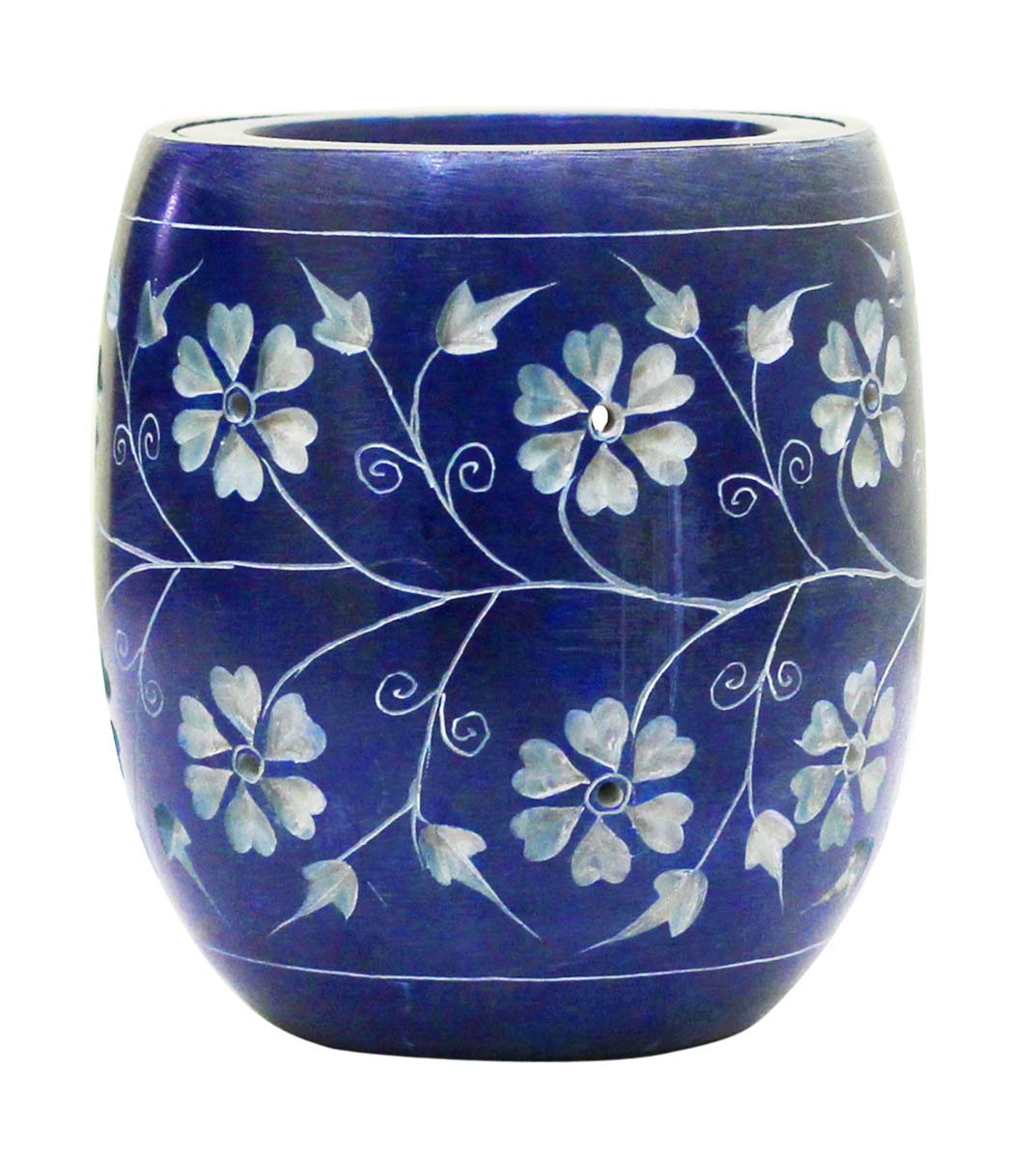 Wholesale Soapstone 4.2” Blue Essential Oil Diffuser - Bulk Buy Stone Aromatherapy Wax Melt/Tart Warmer with Floral Carving - Essential Fragrance Accessories