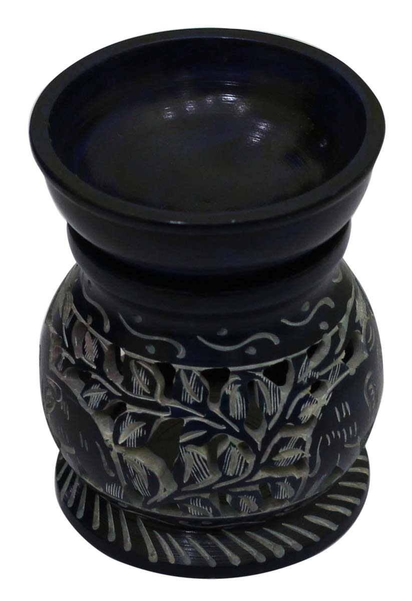 Wholesale Black Soapstone 4.5” Essential Oil Diffuser - Bulk Buy Stone Aromatherapy Wax Melt/Tart Warmer with decorated with leafy patterns - Essential Fragrance Accessories