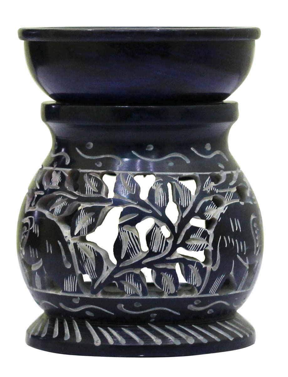 Wholesale Black Soapstone 4.5” Essential Oil Diffuser - Bulk Buy Stone Aromatherapy Wax Melt/Tart Warmer with decorated with leafy patterns - Essential Fragrance Accessories