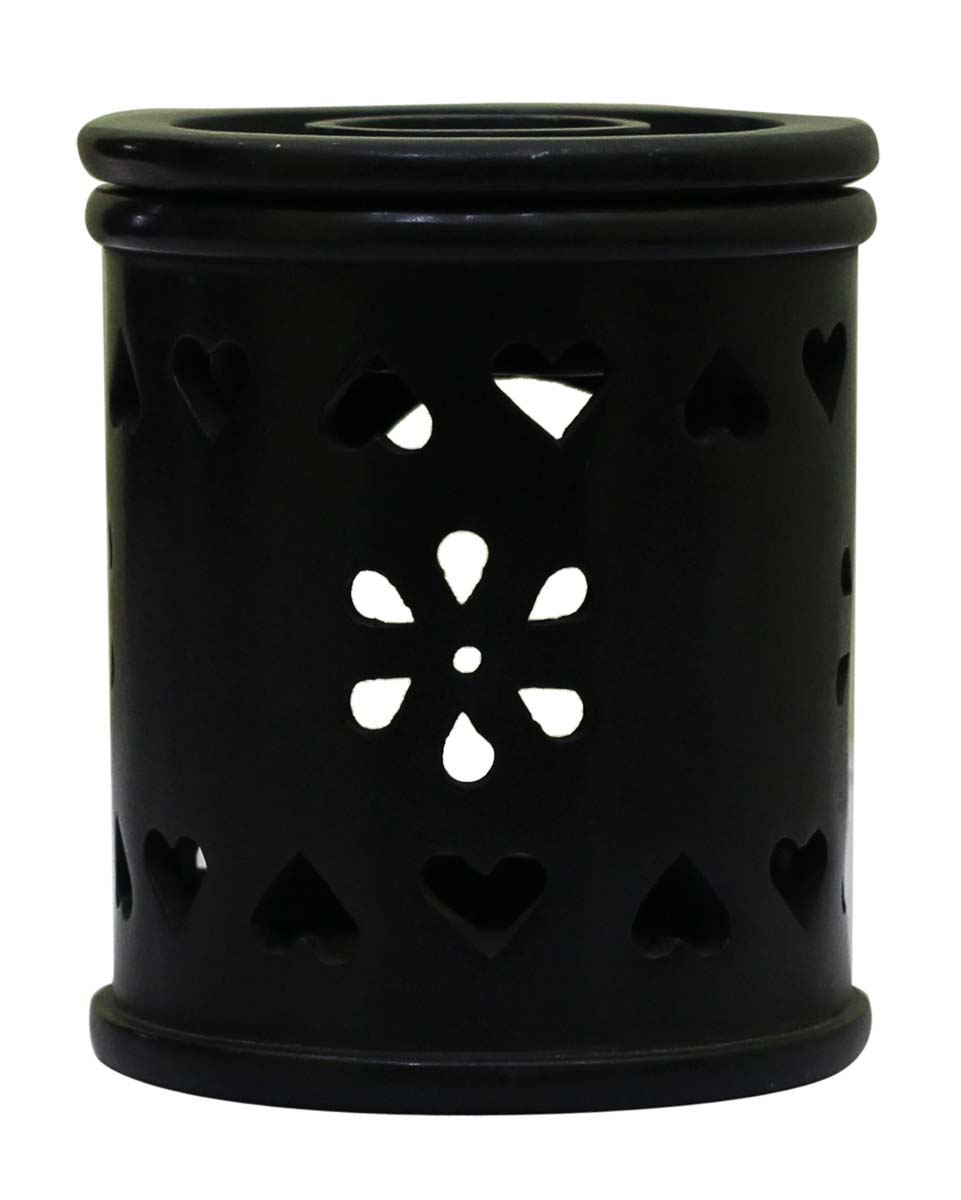 Wholesale Black Soapstone 4” Essential Oil Diffuser - Bulk Buy Stone Aromatherapy Wax Melt/Tart Warmer Designed with Floral & Heart Shaped Cut-Outs - Essential Fragrance Accessories