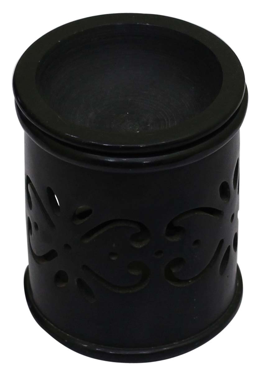 Wholesale Black Soapstone 4” Essential Oil Diffuser - Bulk Buy Stone Aromatherapy Wax Melt/Tart Warmer Designed with Cut-Out Patterns of Traditional Motifs - Aromatherapy Essentials/Fragrance Vaporizer Accessories