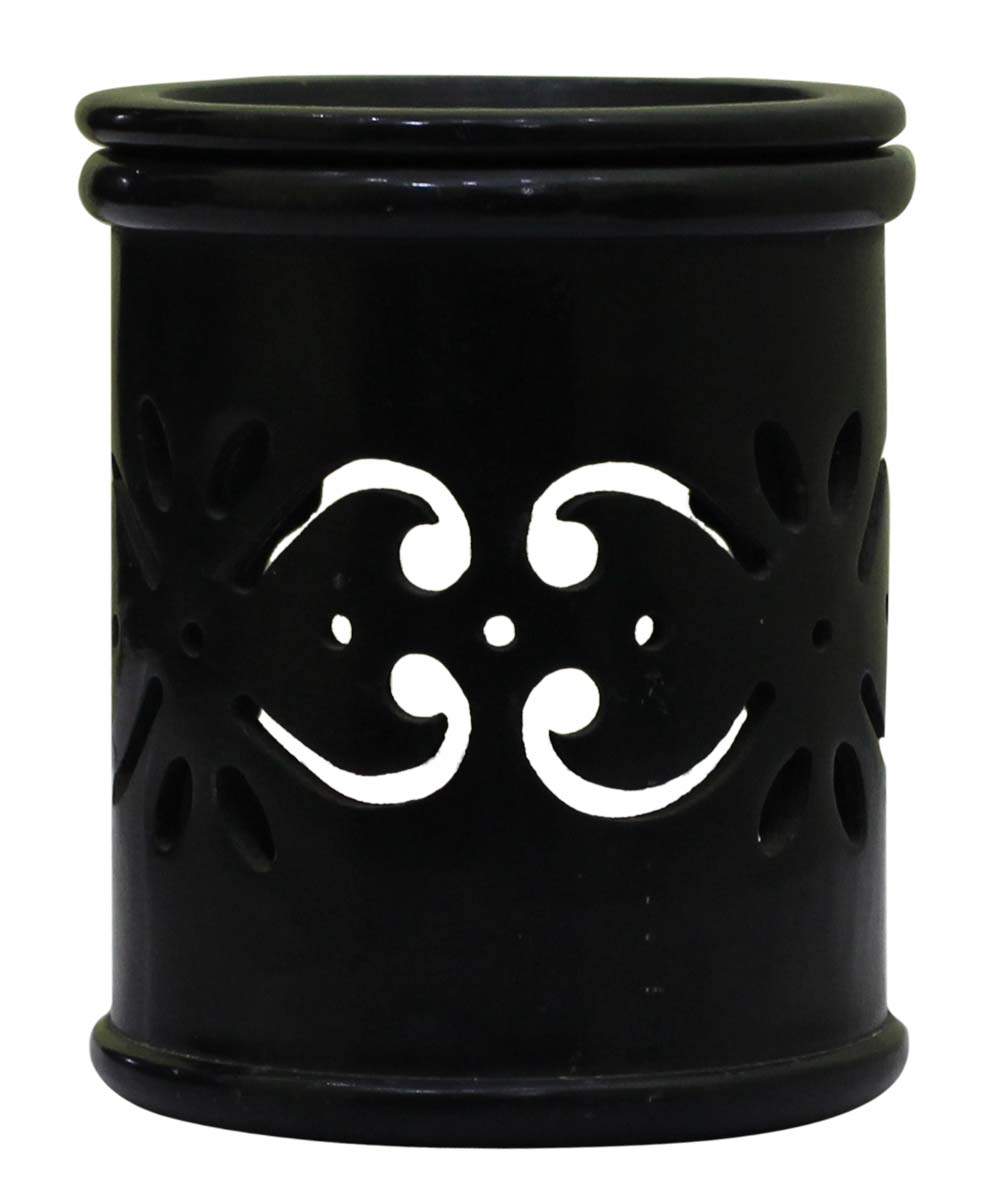 Wholesale Black Soapstone 4” Essential Oil Diffuser - Bulk Buy Stone Aromatherapy Wax Melt/Tart Warmer Designed with Cut-Out Patterns of Traditional Motifs - Aromatherapy Essentials/Fragrance Vaporizer Accessories