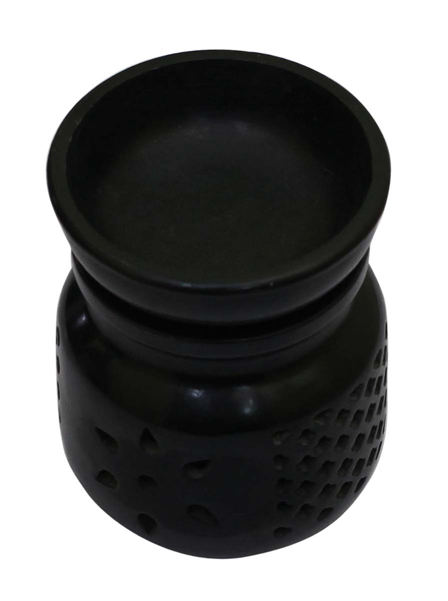 Wholesale 4” Black Mason Jar Shaped Essential Oil Diffuser - Bulk Buy Soapstone Aromatherapy Wax Melt/Tart Warmer Designed with Floral Cut-Out Patterns - Aromatherapy Essentials/Fragrance Vaporizer Accessories from India