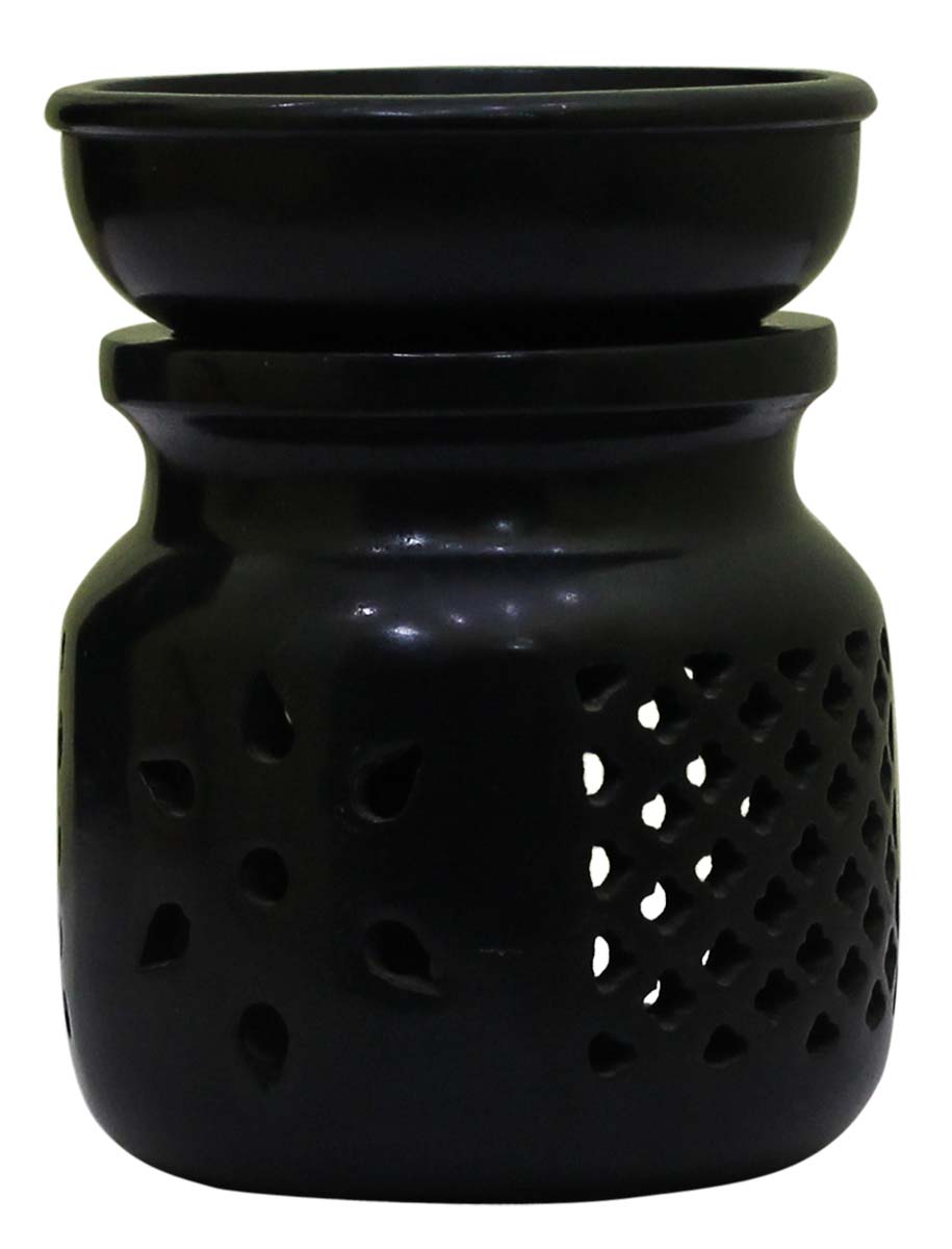 Wholesale 4” Black Mason Jar Shaped Essential Oil Diffuser - Bulk Buy Soapstone Aromatherapy Wax Melt/Tart Warmer Designed with Floral Cut-Out Patterns - Aromatherapy Essentials/Fragrance Vaporizer Accessories from India