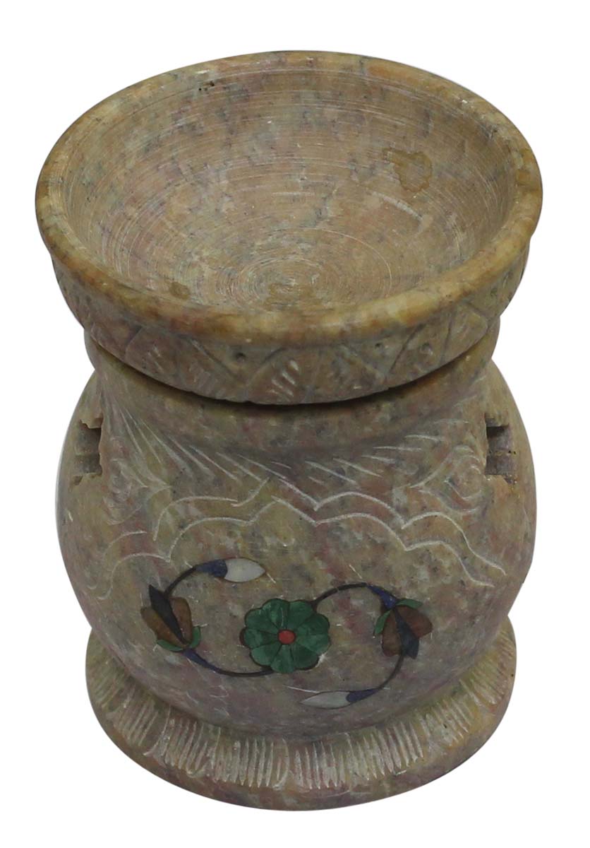 Wholesale Soapstone Essential Oil Diffuser - Bulk Buy Stone Aromatherapy Wax Melt/Tart Warmer with a Green Floral Pattern in Pietra Dura Art - Essential Fragrance Accessories
