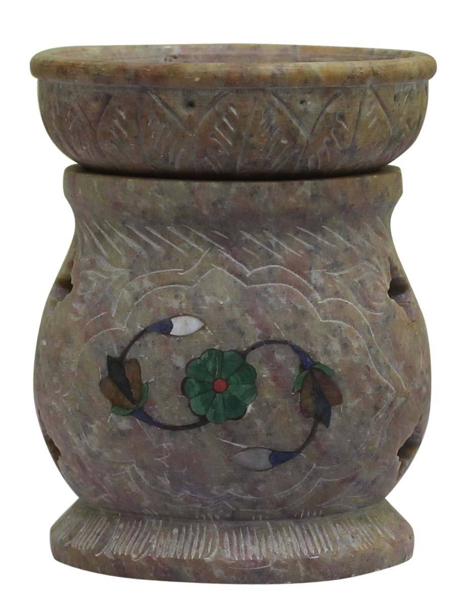 Wholesale Soapstone Essential Oil Diffuser - Bulk Buy Stone Aromatherapy Wax Melt/Tart Warmer with a Green Floral Pattern in Pietra Dura Art - Essential Fragrance Accessories