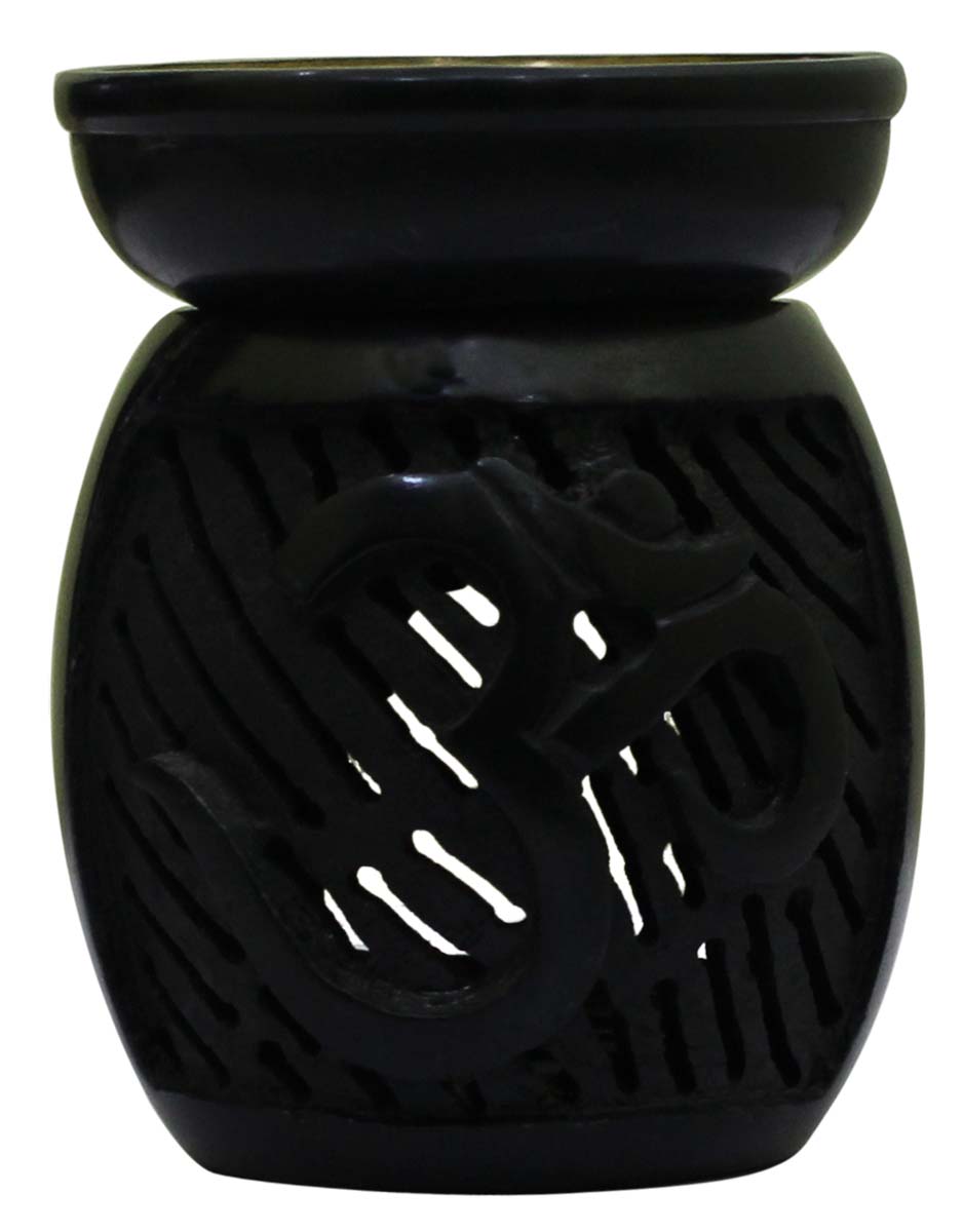 Wholesale 4.4” Black Mason Jar Shaped Essential Oil Diffuser - Bulk Buy Soapstone Aromatherapy Wax Melt/Tart Warmer Designed with Jali Art & Om Symbol on the Holder - Aromatherapy Essentials/Fragrance Vaporizer Accessories from India