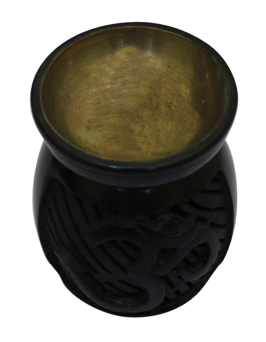Wholesale 4.4” Black Mason Jar Shaped Essential Oil Diffuser - Bulk Buy Soapstone Aromatherapy Wax Melt/Tart Warmer Designed with Jali Art & Om Symbol on the Holder - Aromatherapy Essentials/Fragrance Vaporizer Accessories from India
