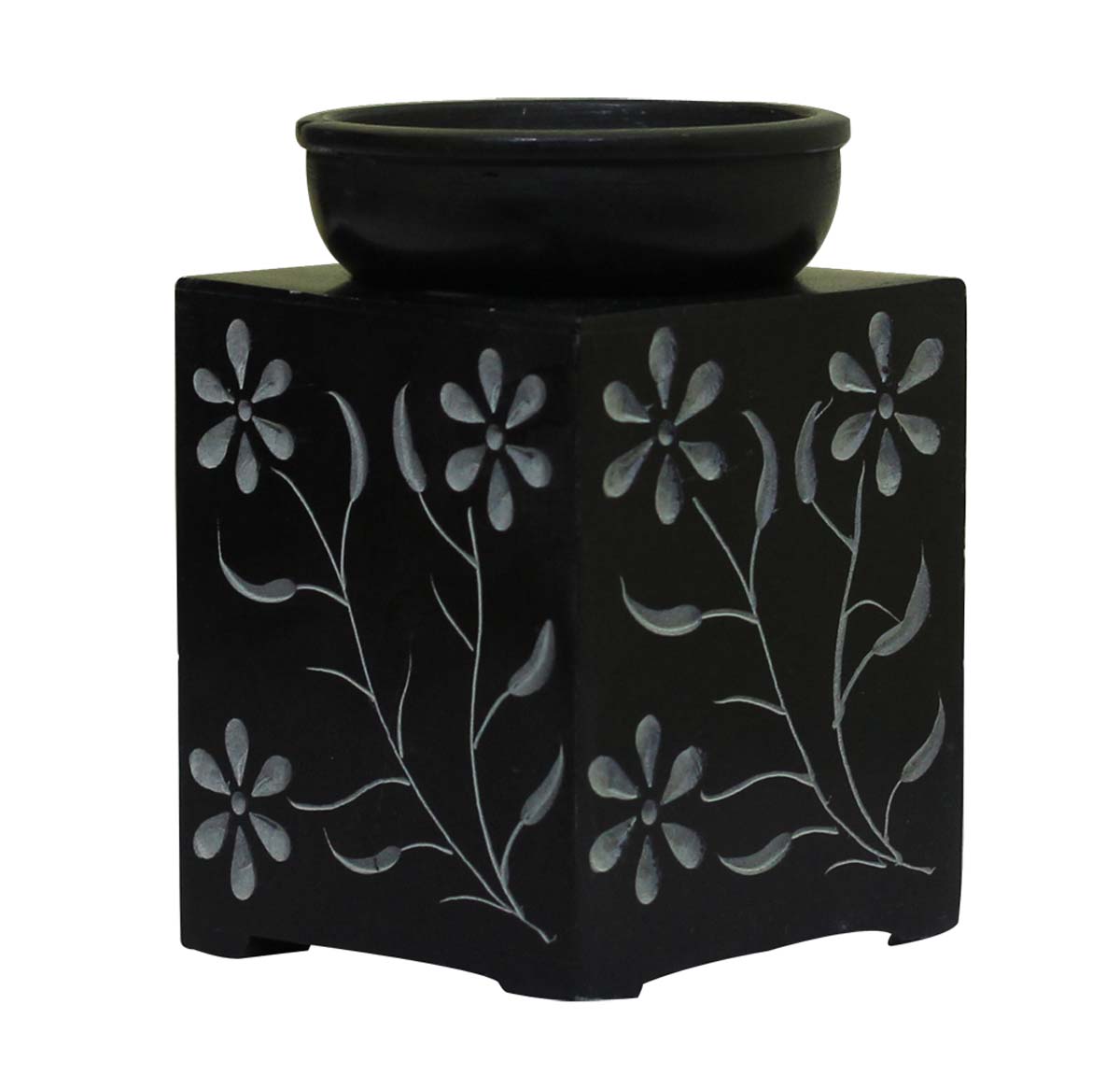 Wholesale Soapstone 4” Essential Oil Diffuser - Bulk Buy Black Aromatherapy Fragrance Vaporizer/Wax Melt/Tart Warmer with Floral Pattern Pietra Dura Art - Fragrance Accessories