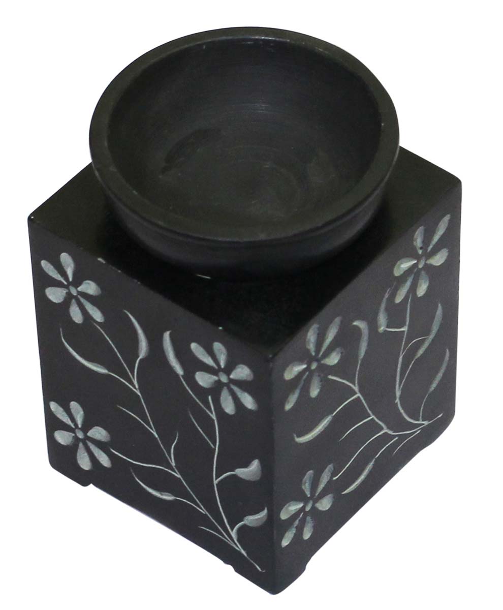 Wholesale Soapstone 4” Essential Oil Diffuser - Bulk Buy Black Aromatherapy Fragrance Vaporizer/Wax Melt/Tart Warmer with Floral Pattern Pietra Dura Art - Fragrance Accessories