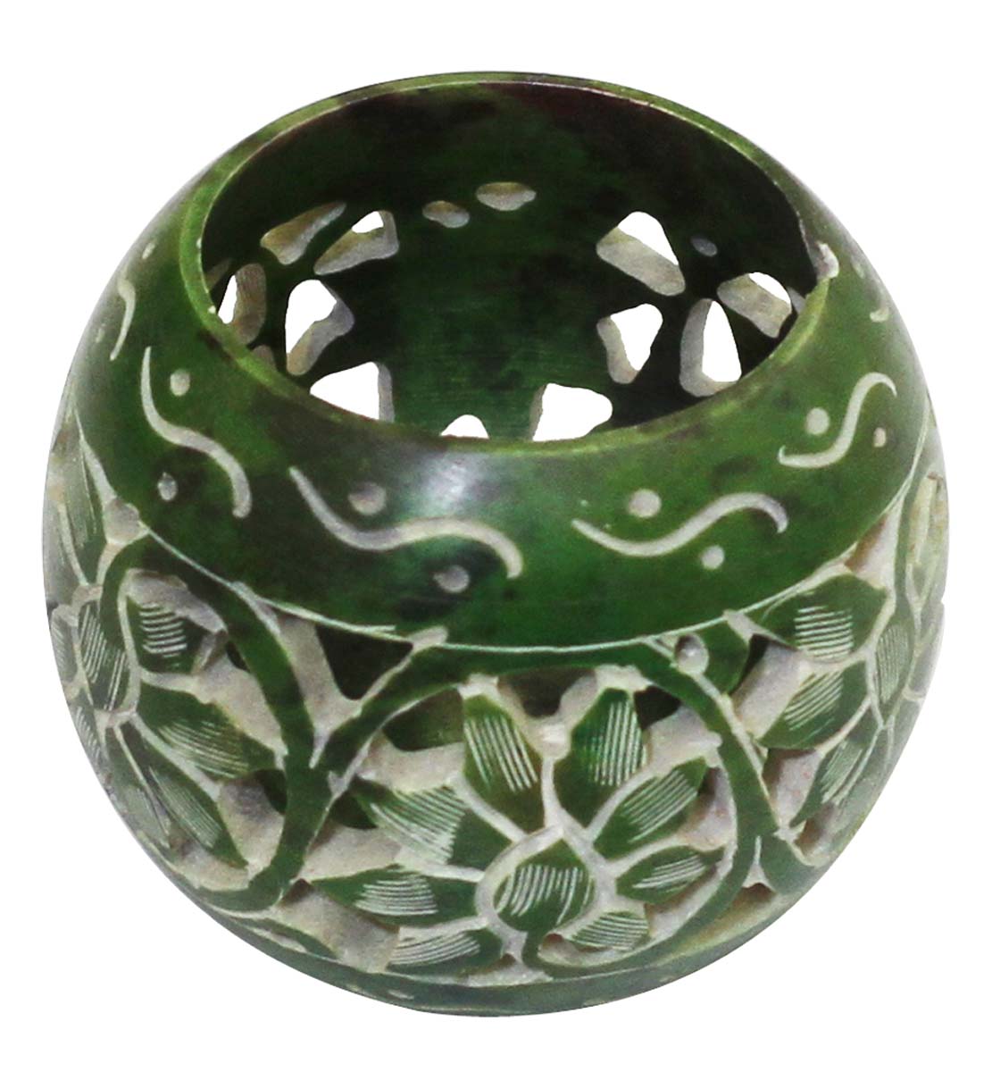 Bulk Wholesale Spherical-Shaped Tealight Candle Holder / Votive Candle Stand in Green – Hand-Carved in Soapstone with Leafy Patters – Home Décor