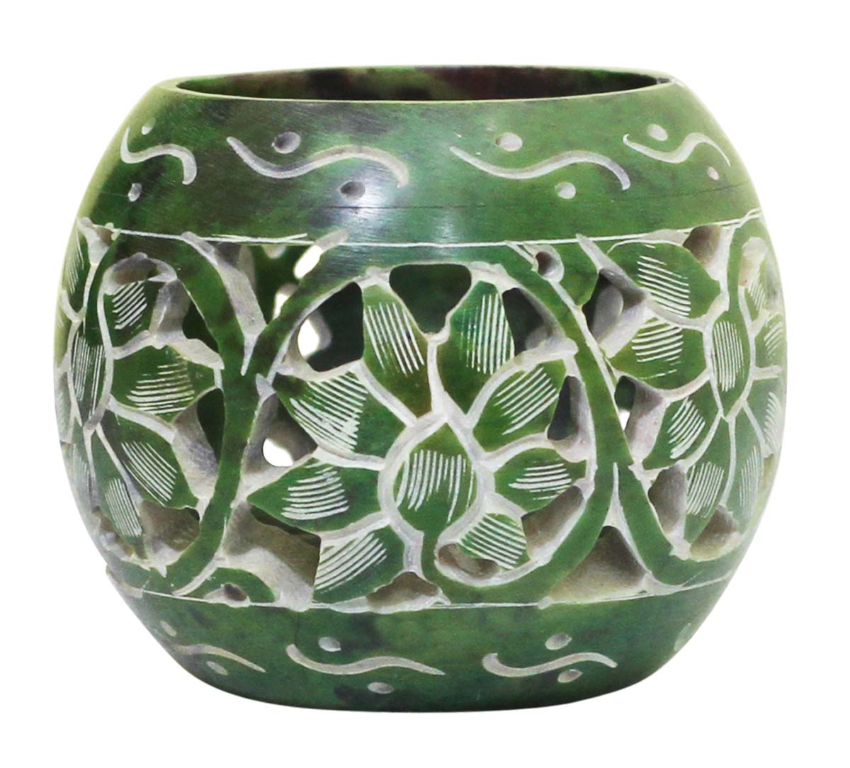 Bulk Wholesale Spherical-Shaped Tealight Candle Holder / Votive Candle Stand in Green – Hand-Carved in Soapstone with Leafy Patters – Home Décor
