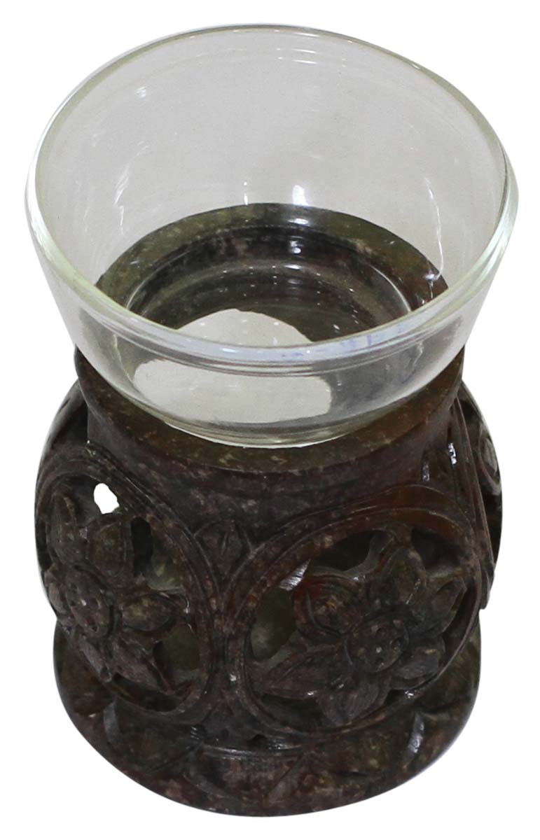 Wholesale Soapstone Essential Oil Diffuser with Glass Bowl - Bulk Buy 3.5” Hand Carved Soapstone Brown Color Aromatherapy Wax Melt Warmer Decorated with Floral Patterns in Jali Art - Essential Fragrance Accessories