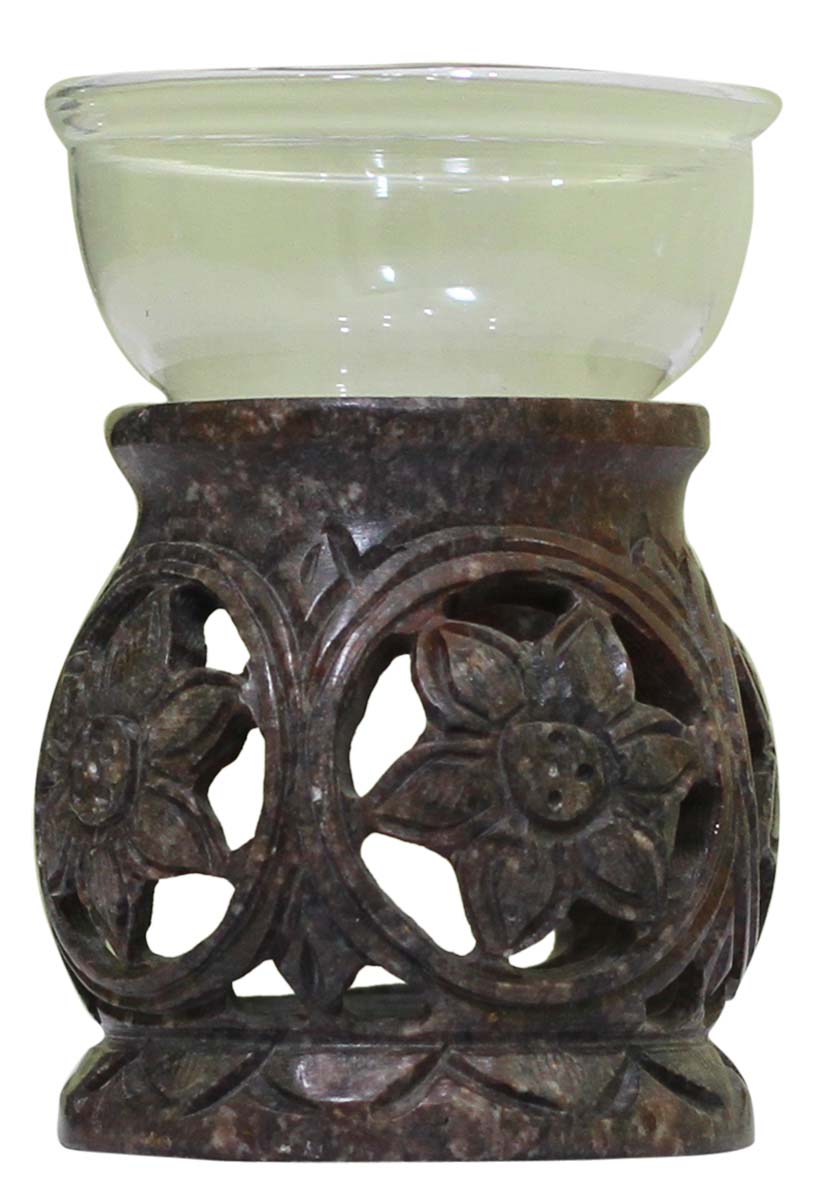 Wholesale Soapstone Essential Oil Diffuser with Glass Bowl - Bulk Buy 3.5” Hand Carved Soapstone Brown Color Aromatherapy Wax Melt Warmer Decorated with Floral Patterns in Jali Art - Essential Fragrance Accessories