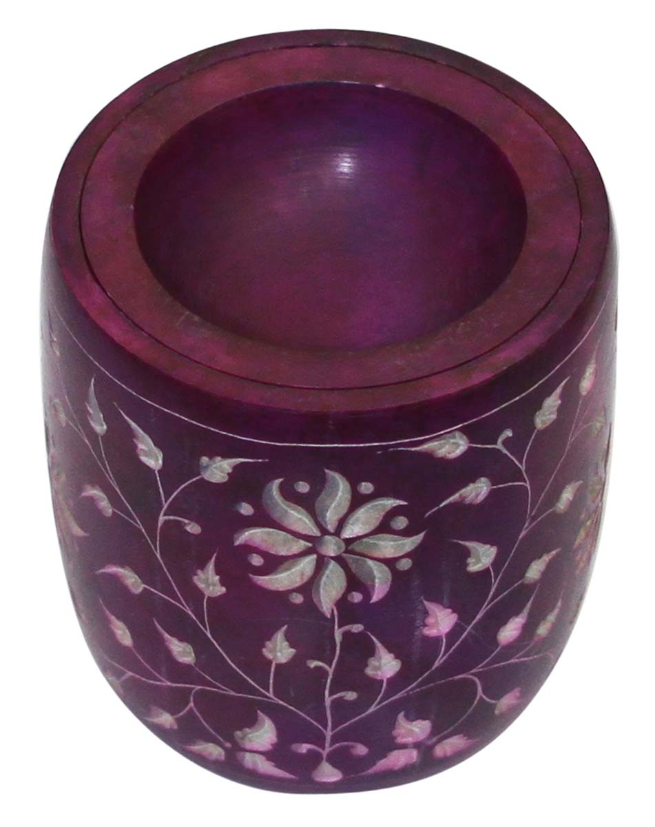 Wholesale Soapstone Essential Oil Diffuser - Bulk Buy 4” Handmade Soapstone Purple Color Aromatherapy Wax Melt Warmer Decorated with Floral Patterns in Pietra Dura Art - Essential Fragrance Accessories