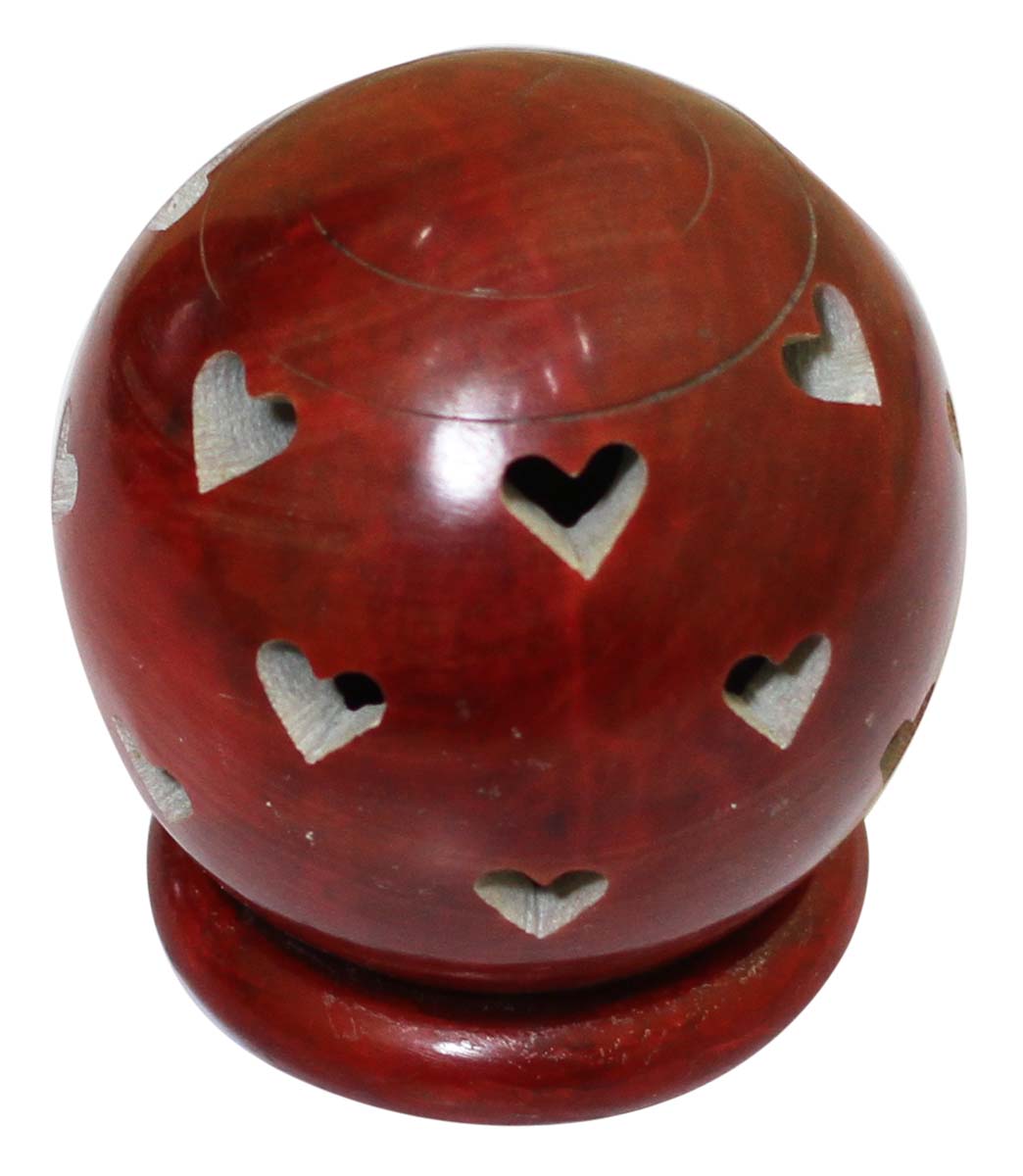 Bulk Wholesale Tealight Candle Holder/Votive Candle Stand in Red-Color Spherical-Shaped with Heart Shaped Cut-Outs - Hand-Carved in Soapstone - Home Decor