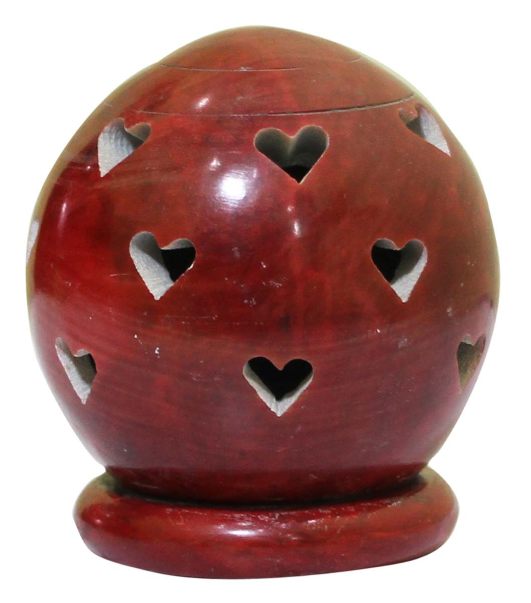 Bulk Wholesale Tealight Candle Holder/Votive Candle Stand in Red-Color Spherical-Shaped with Heart Shaped Cut-Outs - Hand-Carved in Soapstone - Home Decor