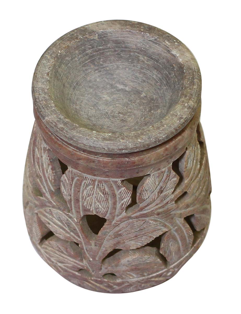 Wholesale Soapstone Essential Oil Diffuser - Bulk Buy 4.4” Handmade Soapstone Pink & Gray Color Aromatherapy Wax Melt Warmer Decorated with Leaf-Shaped Patterns - Essential Fragrance Accessories