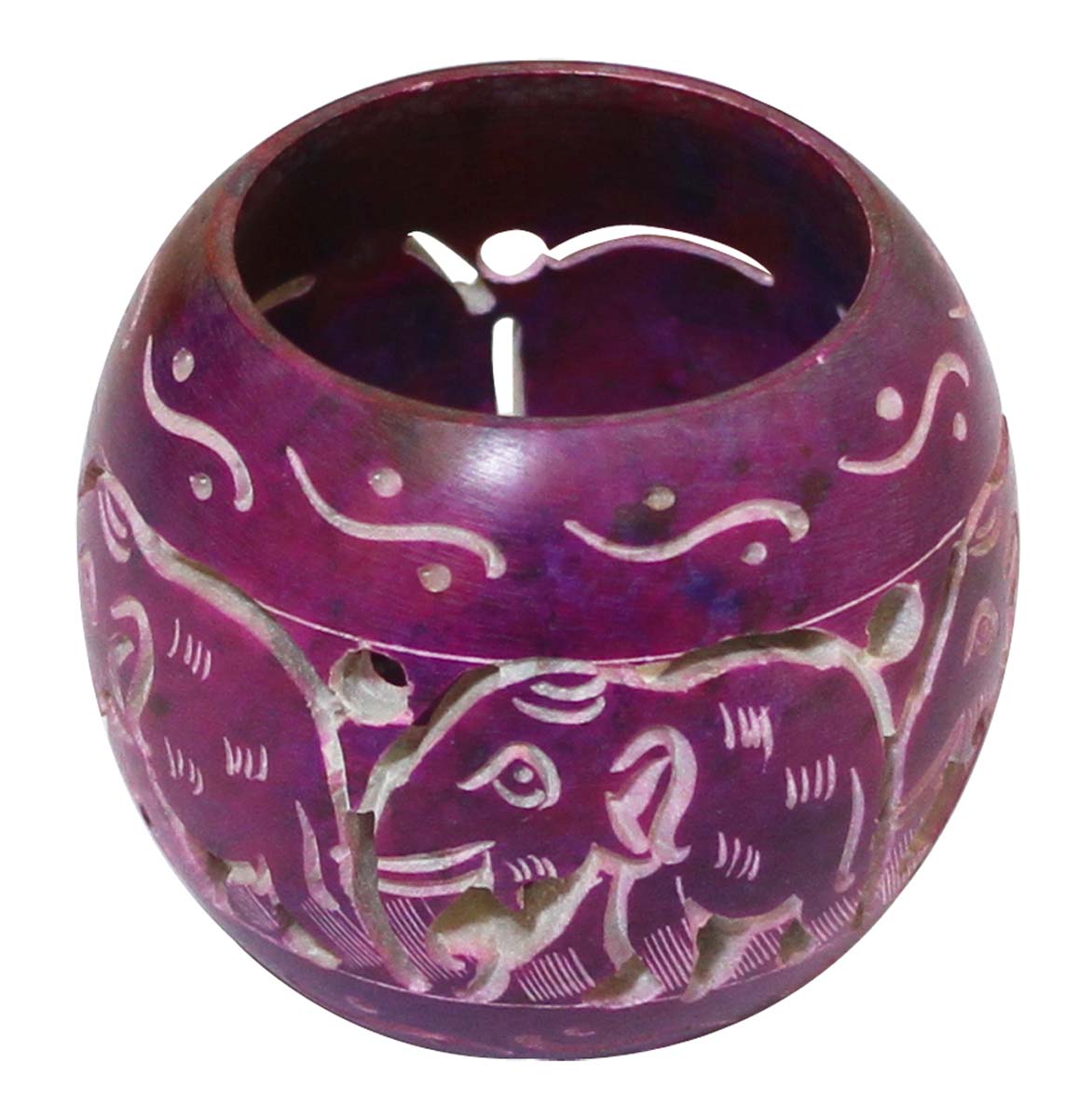 Bulk Wholesale Spherical-Shaped Tealight Candle Holder / Votive Candle Stand in Purple Color with Elephant Motifs – Hand-Carved in Soapstone – Home Décor